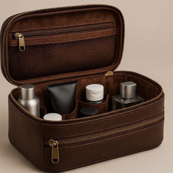 27 Faux Leather Toiletry Bag Deluxe Travel Wash Organizer Case Velvet Lining Multi Compartment Dopp Kit For Men