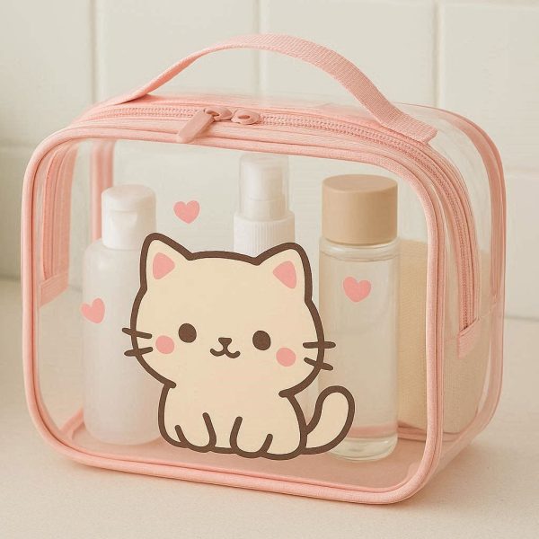 28 Cute Cat Plastic Toiletry Bag Waterproof Cosmetic Makeup Organizer Box Clear Travel Wash Pouch For Girls Kids