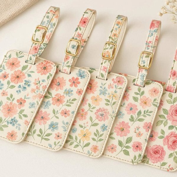 5 Aesthetic Floral Printed Luggage Tags PU Leather Travel Bag ID Label Holder Privacy Cover Suitcase Identifier Women